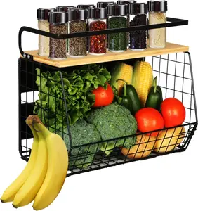 Magnetic Shelf for Fridge with Wood Lid, Fruit Potato and Onion Storage Bins, Pantry Organizers Kitchen Metal Racks