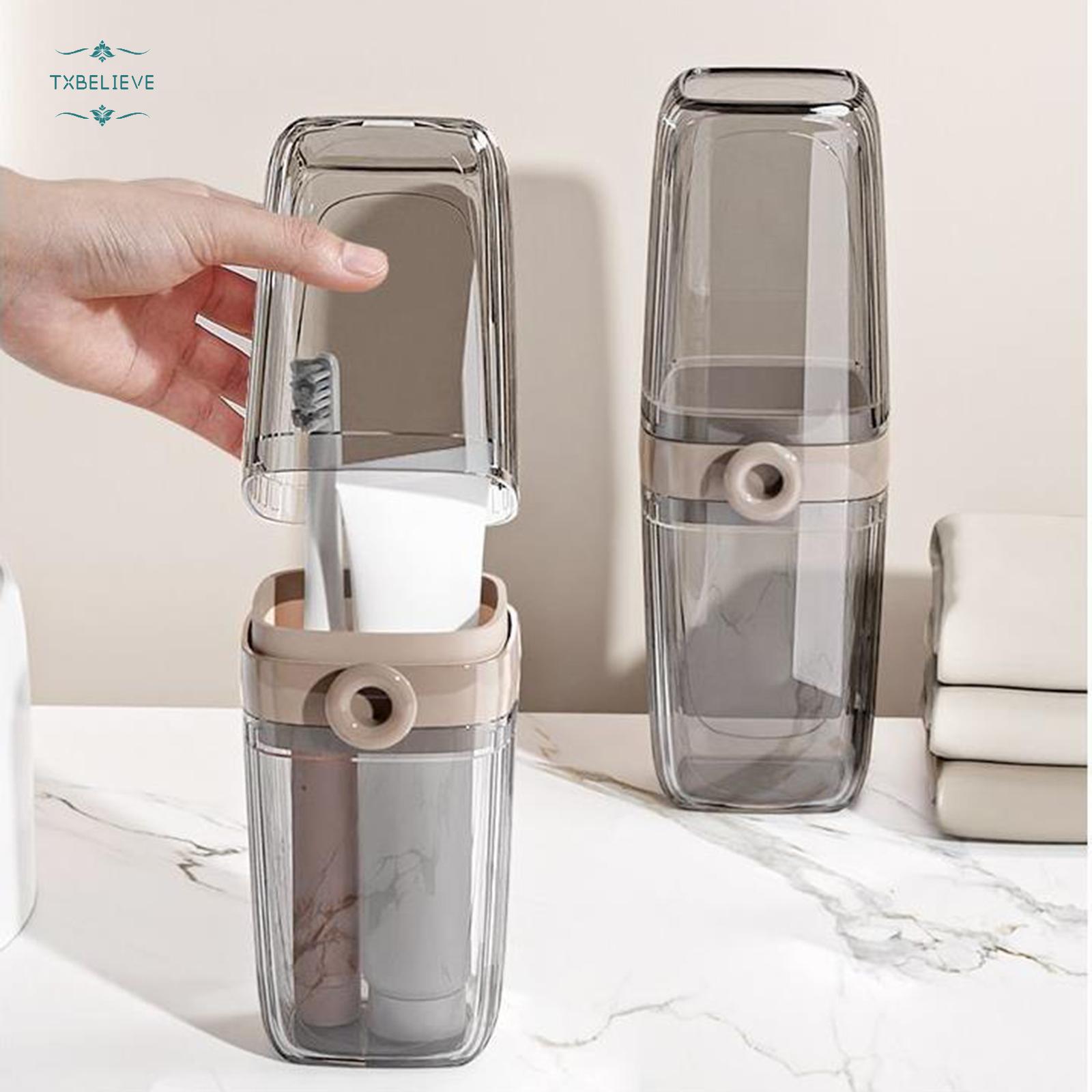 Toothbrush Travel Case, 2 in 1 Toothbrush Holder and Rinse Cup, Large Capacity Toothbrush Cup with Cover, Portable Travel Toothbrush Holder for Traveling, Camping, Trip - 1Pcs - Beige&Clear