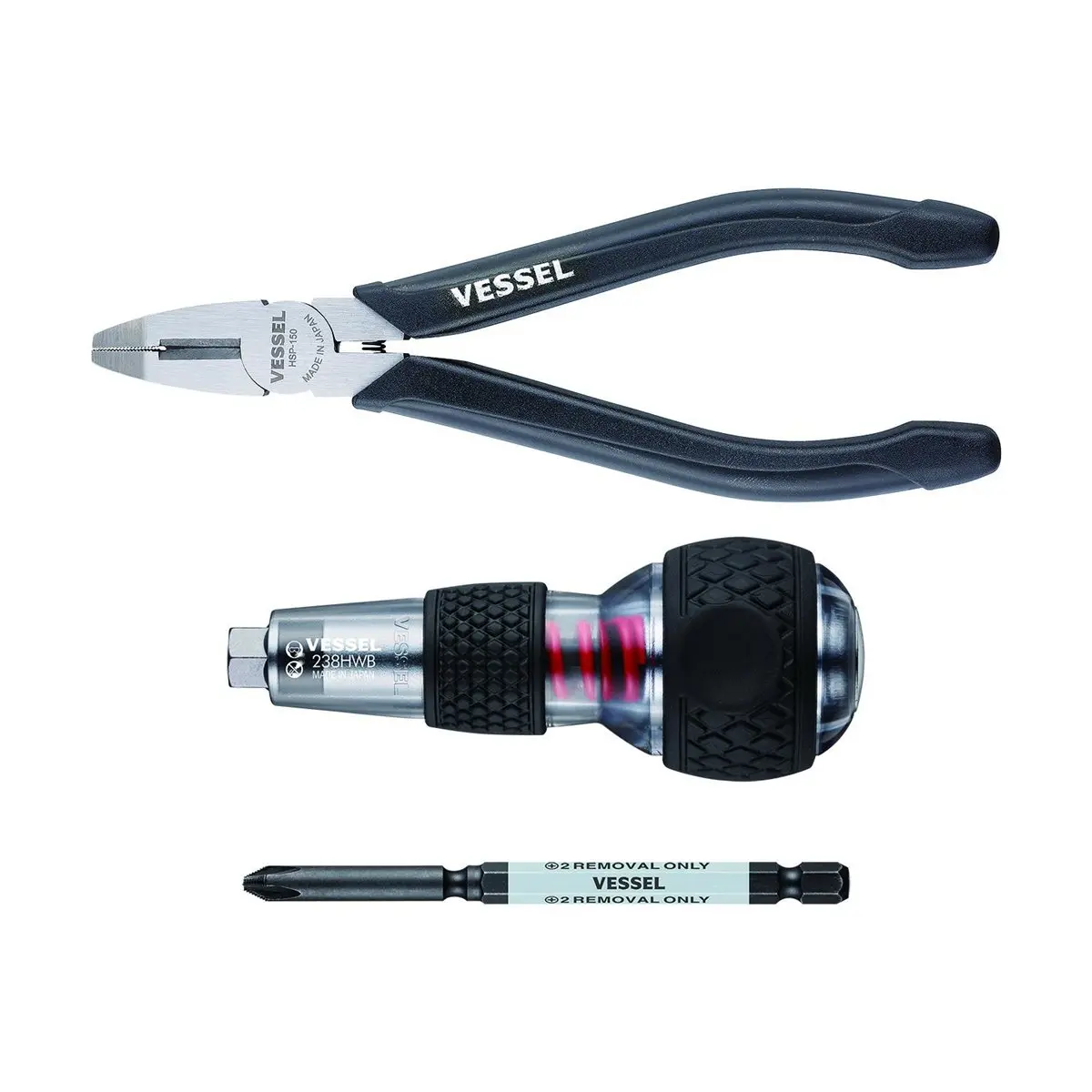 Vessel Tools VES238HWB2PU Impact & Reverse Rotation Out Screwdriver Kit with Cam Mechanism, 2 & a Pair of Screw Removing Pliers + Bits, Hammer Striking Function, Hex Bolster, 1 lbs, 8.7x5x2.7 inches (For Stubborn Screws), Steel