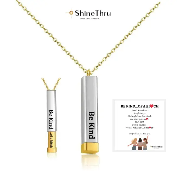 ShineThru Women's Long Square Tube Pendant Engraved Message Necklace with Hidden Inspirational "Be Kind Of A B" Note, Ideal Friendship Gift for Best Friends, Sorority Costume Jewelry, Engraved Message Necklaces