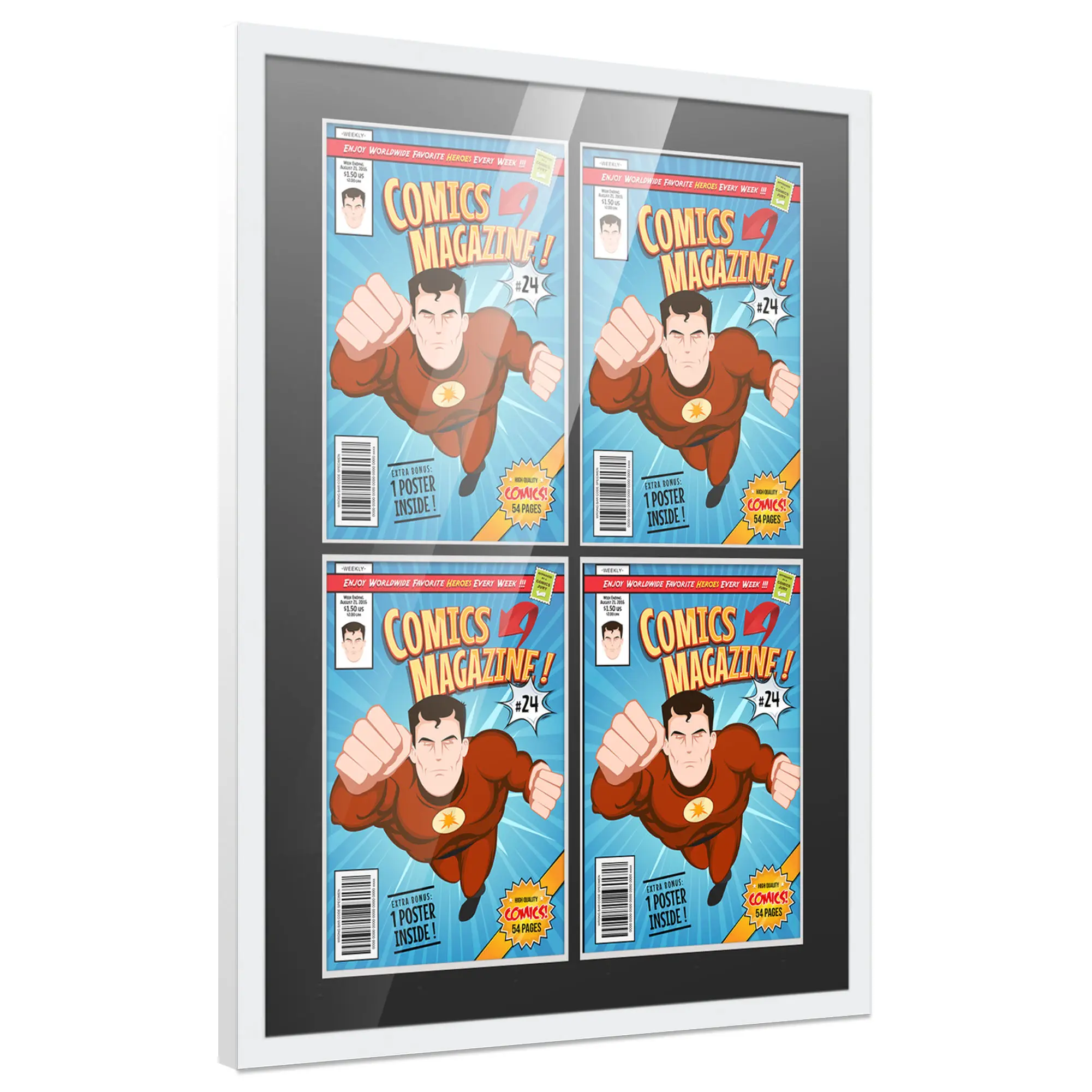 Comic Book Frame with Mat for 4 Current Era Comics Published After 1985 - White Wood Comic Frame With Black Mat for 6.875x10.5 Comics - 20x25.5 Frame Size