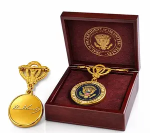 Presidential Brooch - President John F. Kennedy Era Collectible | 24K Gold Plated Brass White House Gift Pin with Engraved JFK Signature & Wooden Seal Box