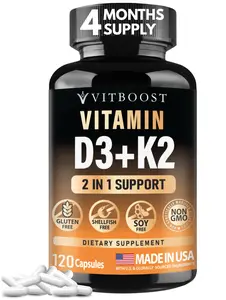 Vitamin D3 K2 Complex 5000 IU (125 mcg) + 90 mcg MK-7 | Easy to Swallow Capsules, Non-GMO, Gluten-Free, USA Made - 120 Count