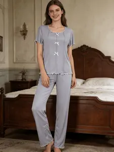 Women's Short Sleeve Bow Tie Sleepwear Set, Soft Comfortable Top + Long Pants Two-Piece Loungewear, Home Casual Wear