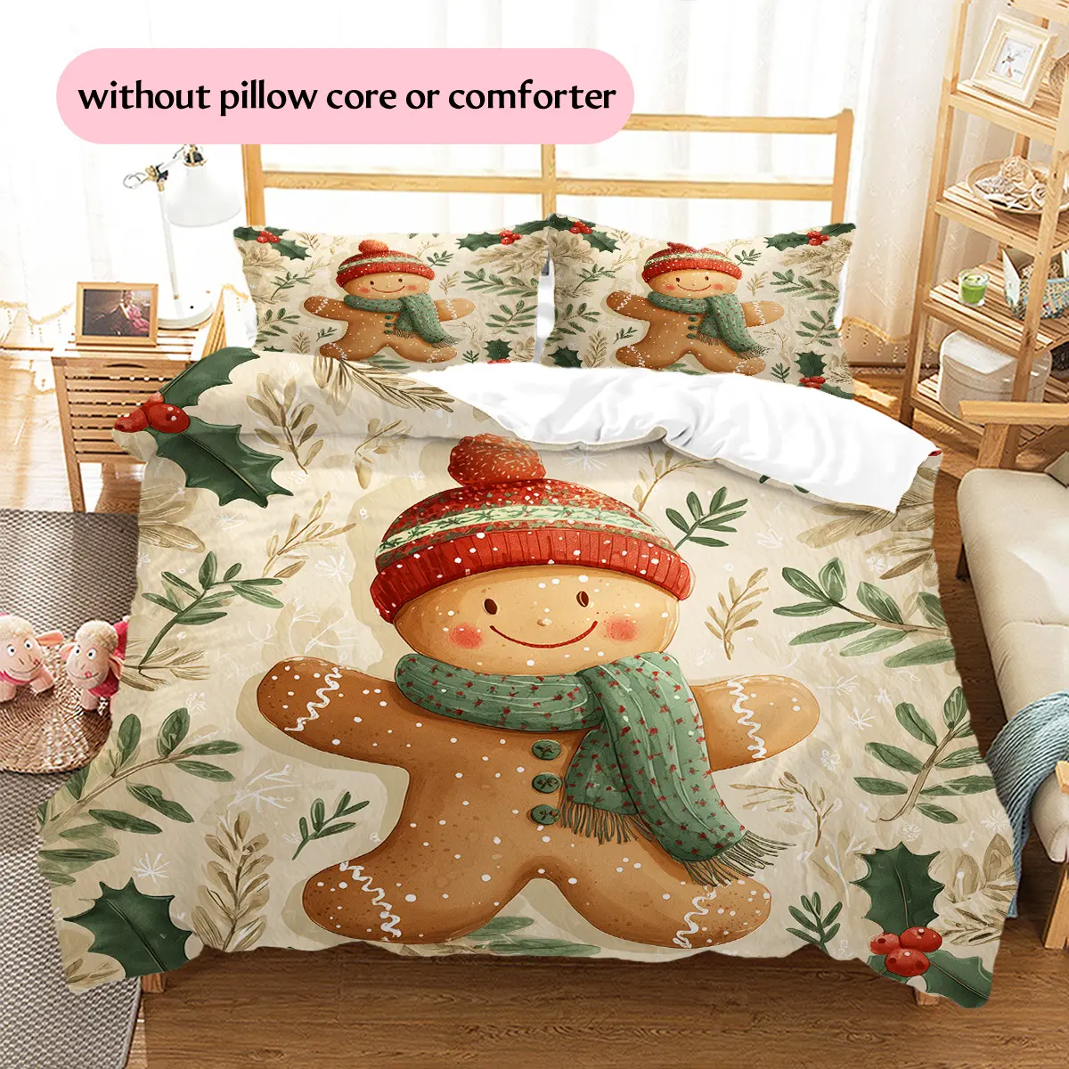 Hat and Scarf-wearing Gingerbread Man  Printed bedding set, duvet cover and pillowcases, home decor, Christmas decoration, bedroom duvet cover, Christmas gift, birthday gift (1 * duvet cover +