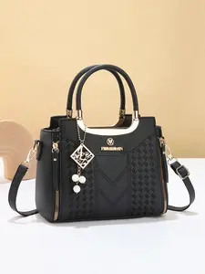 Litchi Texture Handbag, Geometric Pattern Bag, Lightweight Convenient Commute Bag, All-Season Versatile Shoulder Crossbody Bag for Women