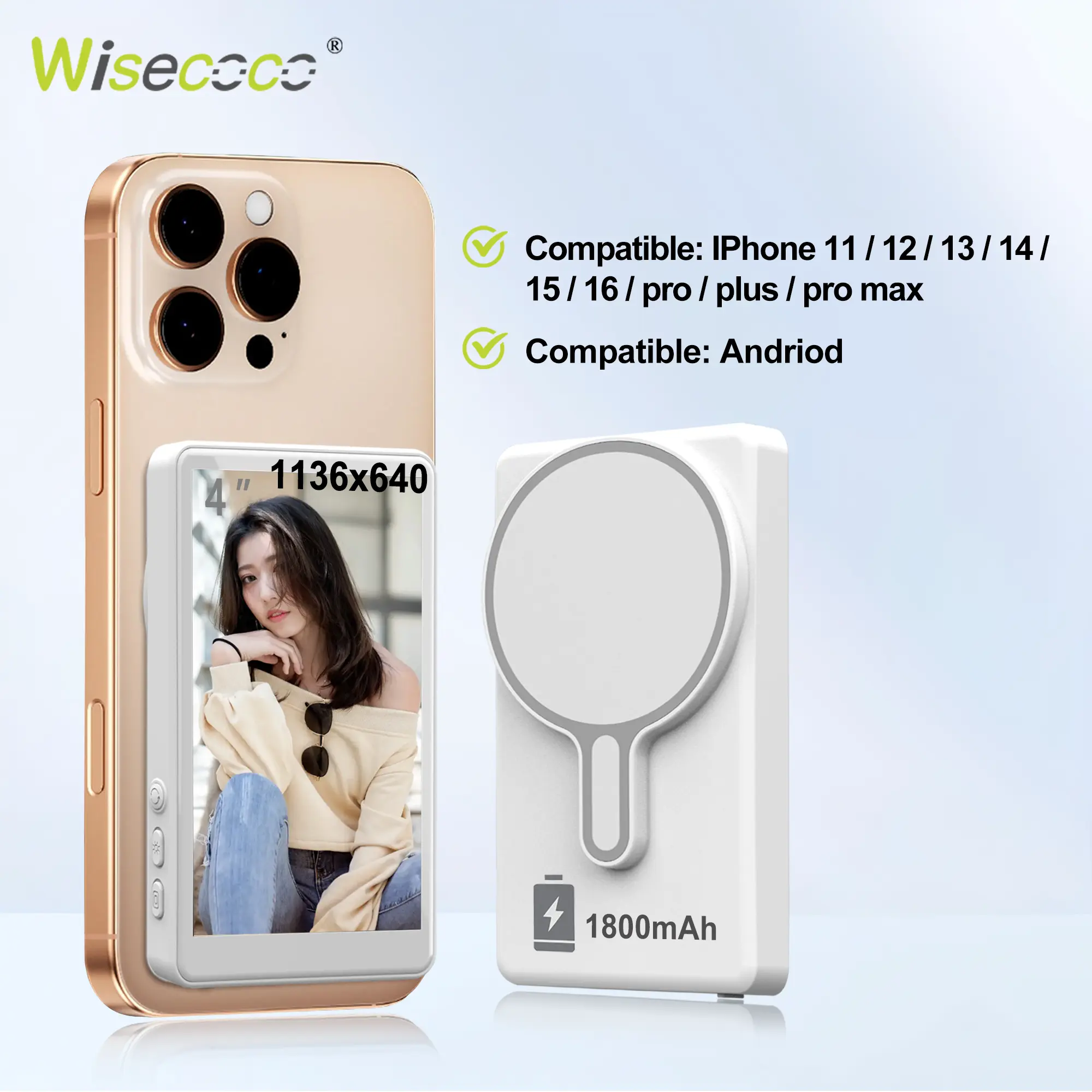 Wisecoco MagSafe Magnetic Portable Rotating Monitor Screen Stand, Wireless Rear Camera Connection Cellphone Vlog Selfie Accessory for iPhone & Android (White)