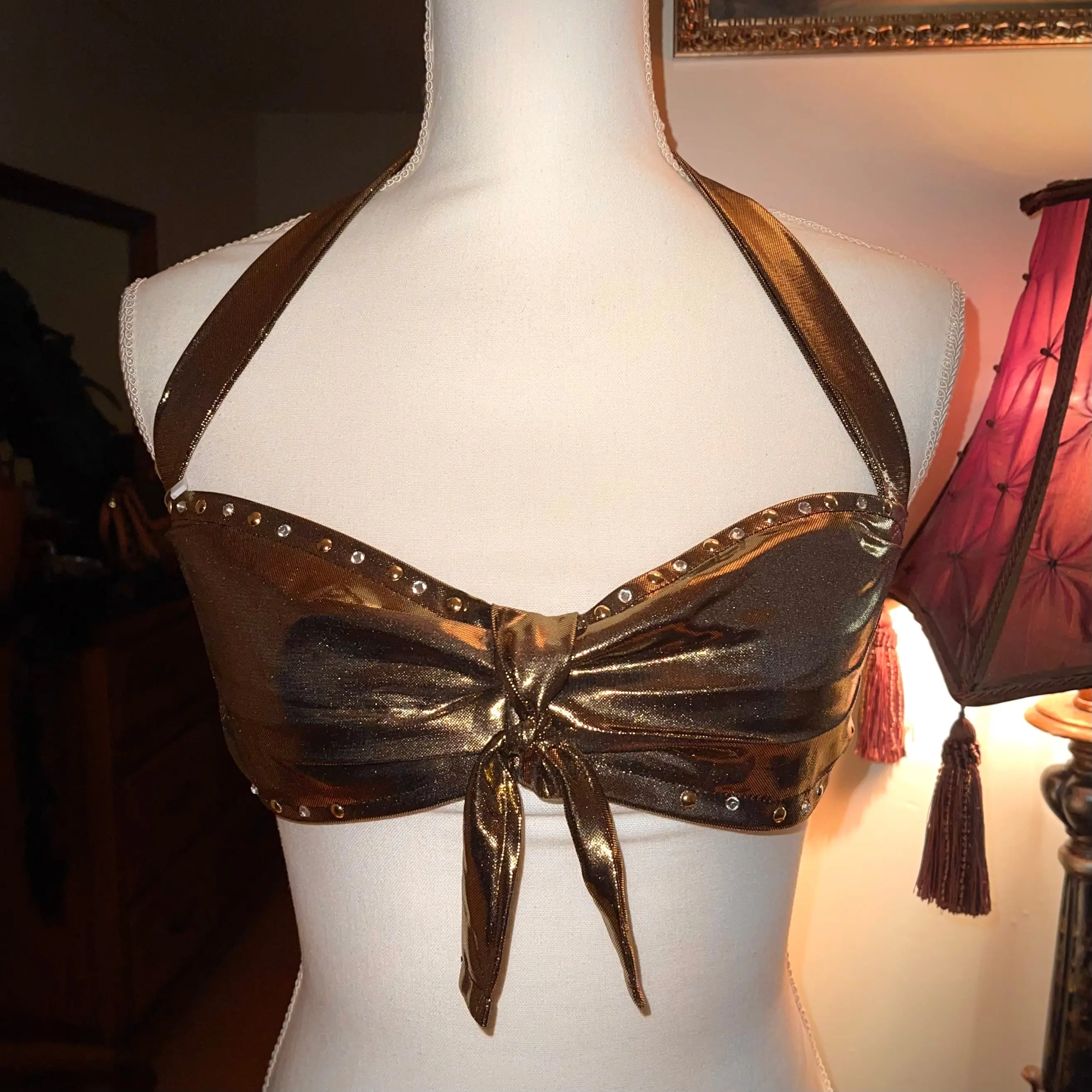 “DIVALICIOUS” Rhinestone Halter Top Bralette in Gold