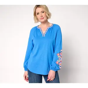 Belle Boho by Kim Gravel Slub Knit Exotique Floral Embroidered Top