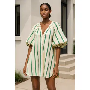 Green Stripe Puff Sleeve Dress