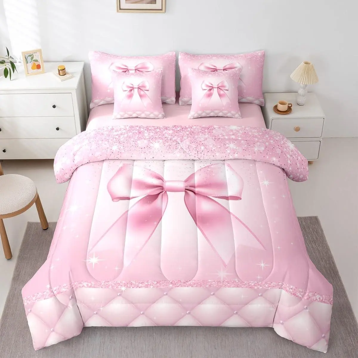 Pink Bowknot Comforter Set 7 Pieces Dreamy Princess Bedding Set Glitter Bed in a Bag with Comforter,Sheets,Pillowcases,Cushion Covers Cute Bow Quilted Soft