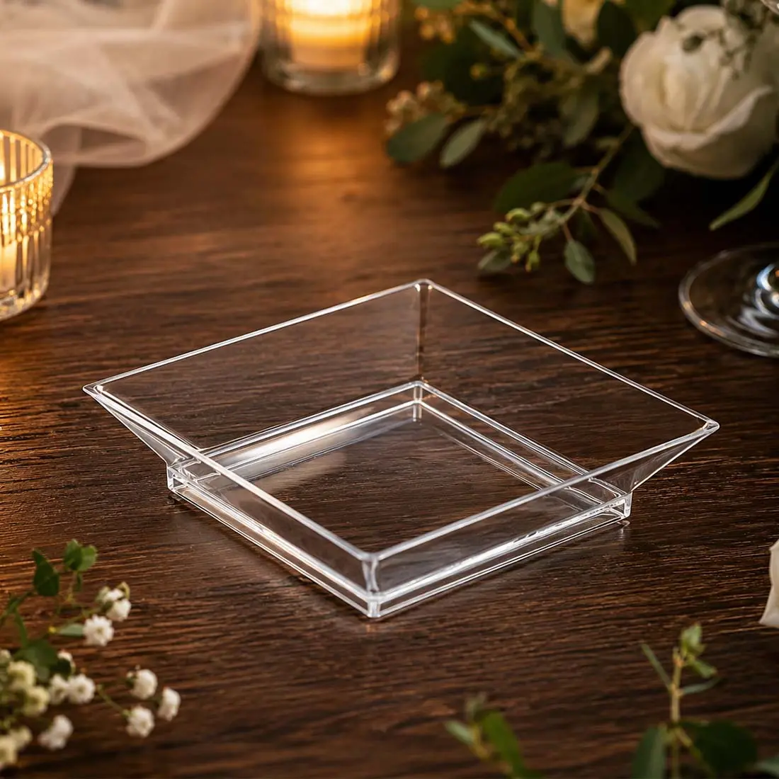 50-Pack Tapas Plates 3.5" Sleek Square Design, Clear Plastic – Disposable Appetizer & Dessert Plates