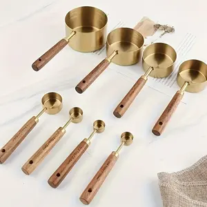 Stainless Steel Measuring Spoon Measuring Cup Set, Wooden Handle, Space-saving Nesting Design, Suitable for Seasoning, Powder and Coffee Metering, Durable, Rust-proof, Comfortable Grip Kitchen Utensils