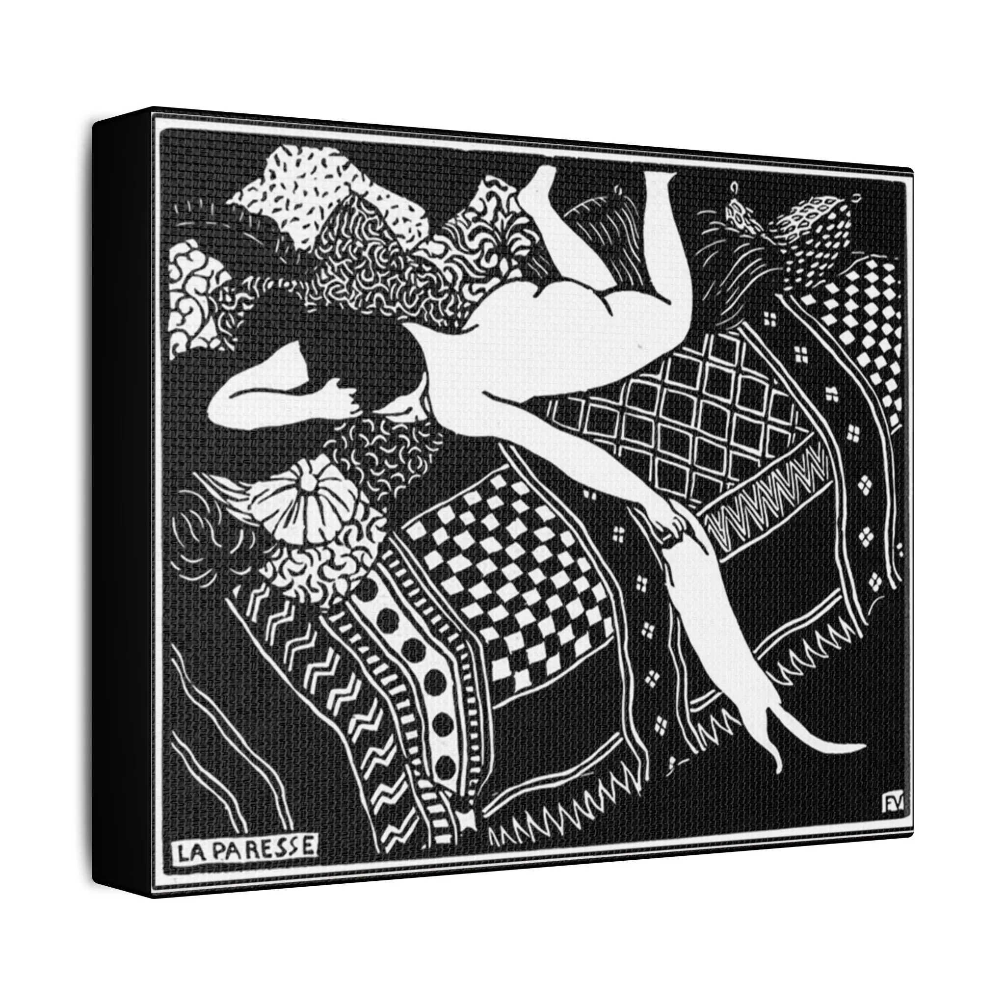 999 Energetic Woodblock Print- Félix Vallotton "La Paresse" (Laziness) Reclining Nude with Cat Satin Canvas Stretched | Black White Line Art | French Art  | Woodblock Print