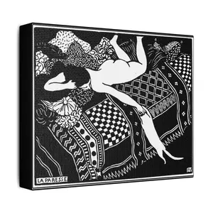 999 Energetic Woodblock Print- Félix Vallotton "La Paresse" (Laziness) Reclining Nude with Cat Satin Canvas Stretched | Black White Line Art | French Art  | Woodblock Print