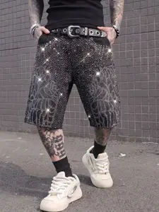 Men's Y2K Rhinestone Denim Shorts, Gothic Style Loose Fit Above Knee Pants, Trendy Streetwear for Nightclubs and Music Festivals