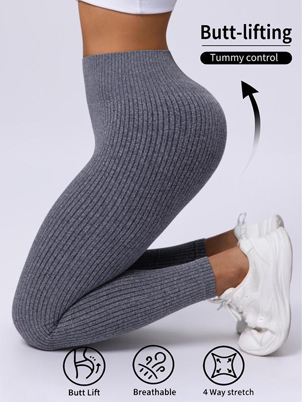 Fashion Candy Colors Women High-Waisted Butt-Lifting Tummy-Control Leggings, Soft Comfortable Breathable Elastic Ribbed Texture Sport Pants, Gym Workout Yoga Fitness Leggings, Suitable For Casual and Versatile Styles, Everyday Wear Must-Have For Wardrobe
