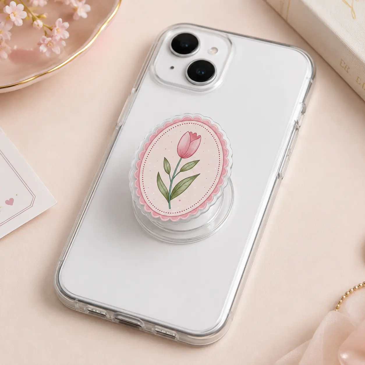 Cute Pink Tulip MagSafe Phone Grip – Floral Cottagecore Magnetic Phone Holder & Kickstand – Minimalist Spring Phone Accessory