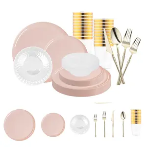 Pink Flat Round Disposable Plastic Tableware Set