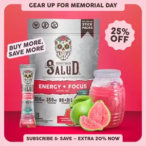 Salud 2-in-1 [Energy + Focus – Guava] Clean Energy Drink Mix, Agua Fresca, Organic Caffeine, B6 & B12, L-Theanine, Drink Packets, Non-GMO, Gluten Free, Vegan, Low Calorie, 1g Sugar (15 Servings)