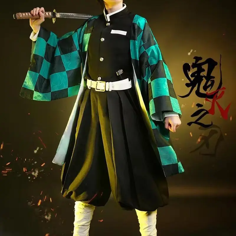 Tanjiro Kamado Complete Cosplay Costume for Adults & Kids, Non-Woven Polyester Checkered Kimono Set for Halloween with Wig & Mask, S, Smooth, Clothes