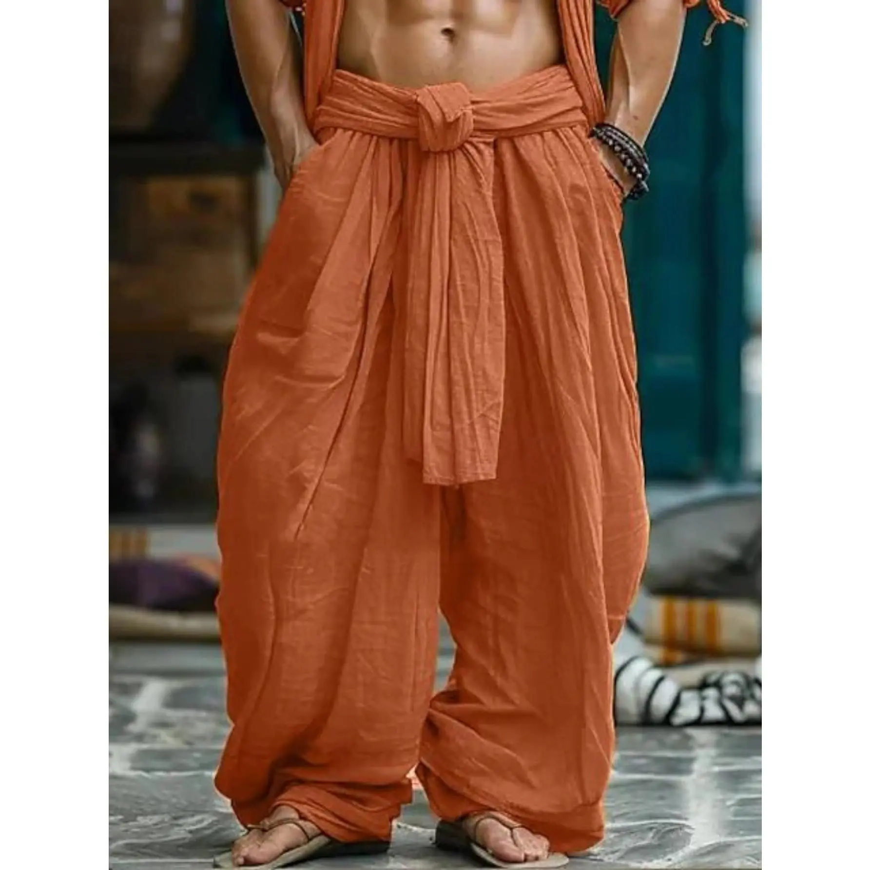 Men's Wide Leg Pants - Breathable, Comfortable Casual Style for Spring & Summer,  Elastic Waist with Knot Detail, Loose Fit, Non-Stretch Fabric, Machine Wash - Perfect for Casual Attire or Vacation Menswear Tropical Belt Boho