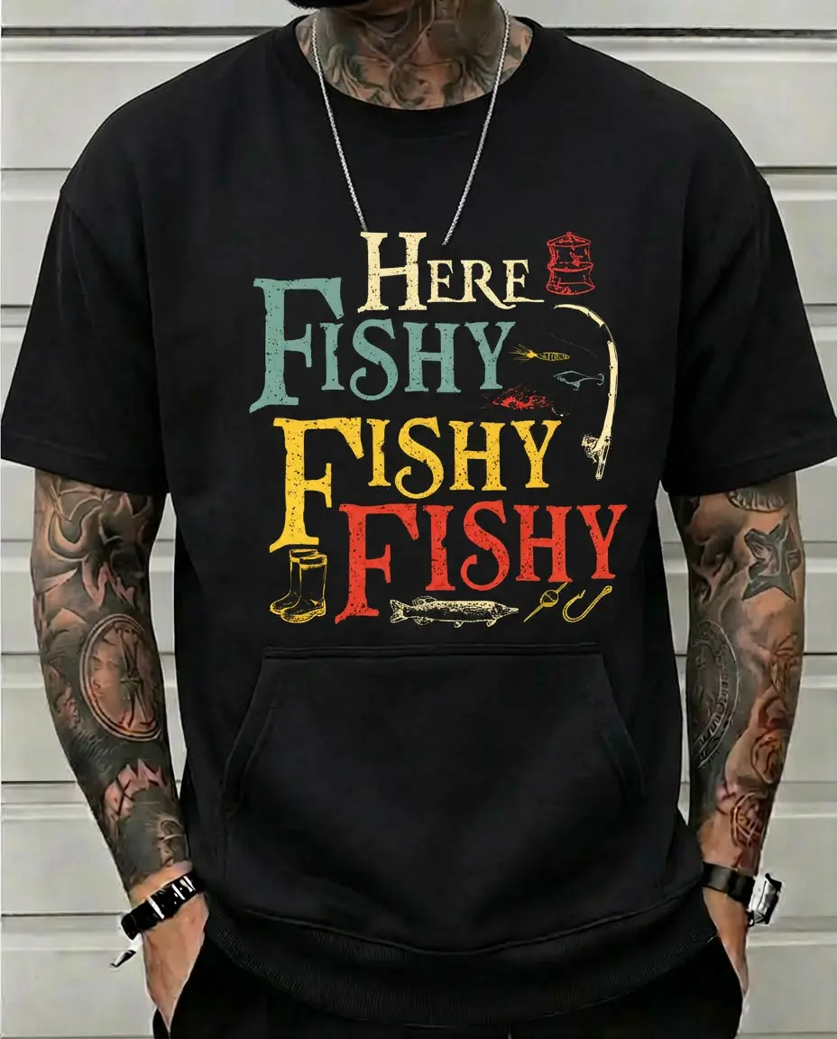 Men's "Here Fishy Fishy" Graphic T-Shirt - 100% Cotton Breathable Quick-Dry Crew Neck Tee with Colorful Fishing Design, Lightweight 180gsm All-Season Casual Shirt for Outdoor Enthusiasts, Fishing Gear