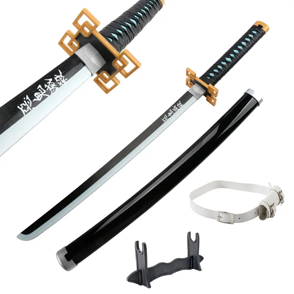 ELERVINO 31-in Bamboo Plastic Nichirin Long Blade Sword - Demon Slayer Tokitou Muichirou Fantasy Anime Authentic Prop, White Belt, Holder Stand Display, Hilt Handle for Cosplayer Collectibles, Ages 12+ Halloween Decoration Gift