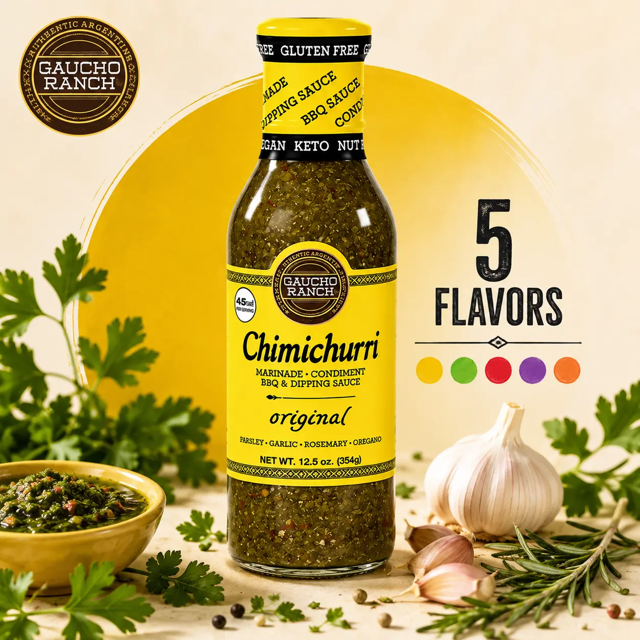 Gaucho Ranch Chimichurri Sauce - Authentic Argentine Herb Steak Marinade, Grilling & Dipping Sauce, 5 Flavors, 12.5oz, 45 Calories per Serving
