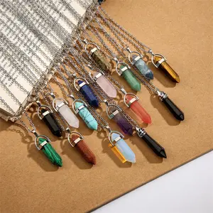 Natural Crystal Point Pendant Necklace Set, 16 Pcs Silver Tone Hexagonal Healing Crystal Necklaces, Spiritual Energy Protection Jewelry for Men Women