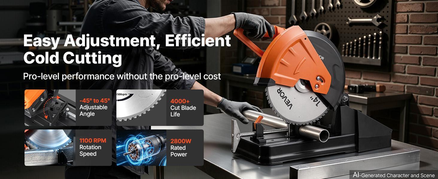 【BackToSchool】VEVOR Chop Saw 14-inch Cold Cut Blade 2800 W Powerful Motor Cut Off Saw, For Cutting Metal, -45° to 45° Adjustable Angle, Efficient Dry Cutting, with Thickened Blade Guard and Chip Collection Box