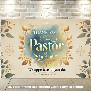 1pc 2D Flat Pastor Appreciation Backdrop Banner - Elegant Golden Lettering & Thank You Message Leafy Branches Design Soft Blue Polyester Fabric Wall Hanging Church Events Retirement Parties Home Offi