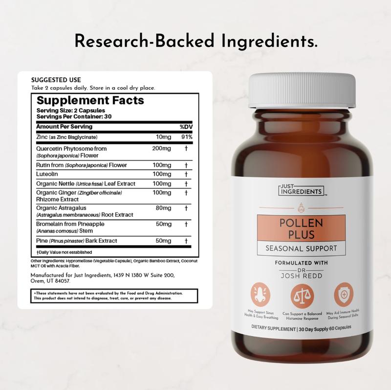 Just Ingredients Pollen Plus Seasonal Support Supplement with Bioavailable Zinc & Quercetin | May Provide a Natural Wellness Boost