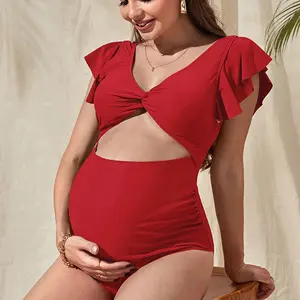 Maternity Support Swimwear For Women, Fashionable Solid Color Loose Short Sleeve Tummy Covering One-Piece Swimsuit Bathing Suit Women Scrunched Eyelet cami