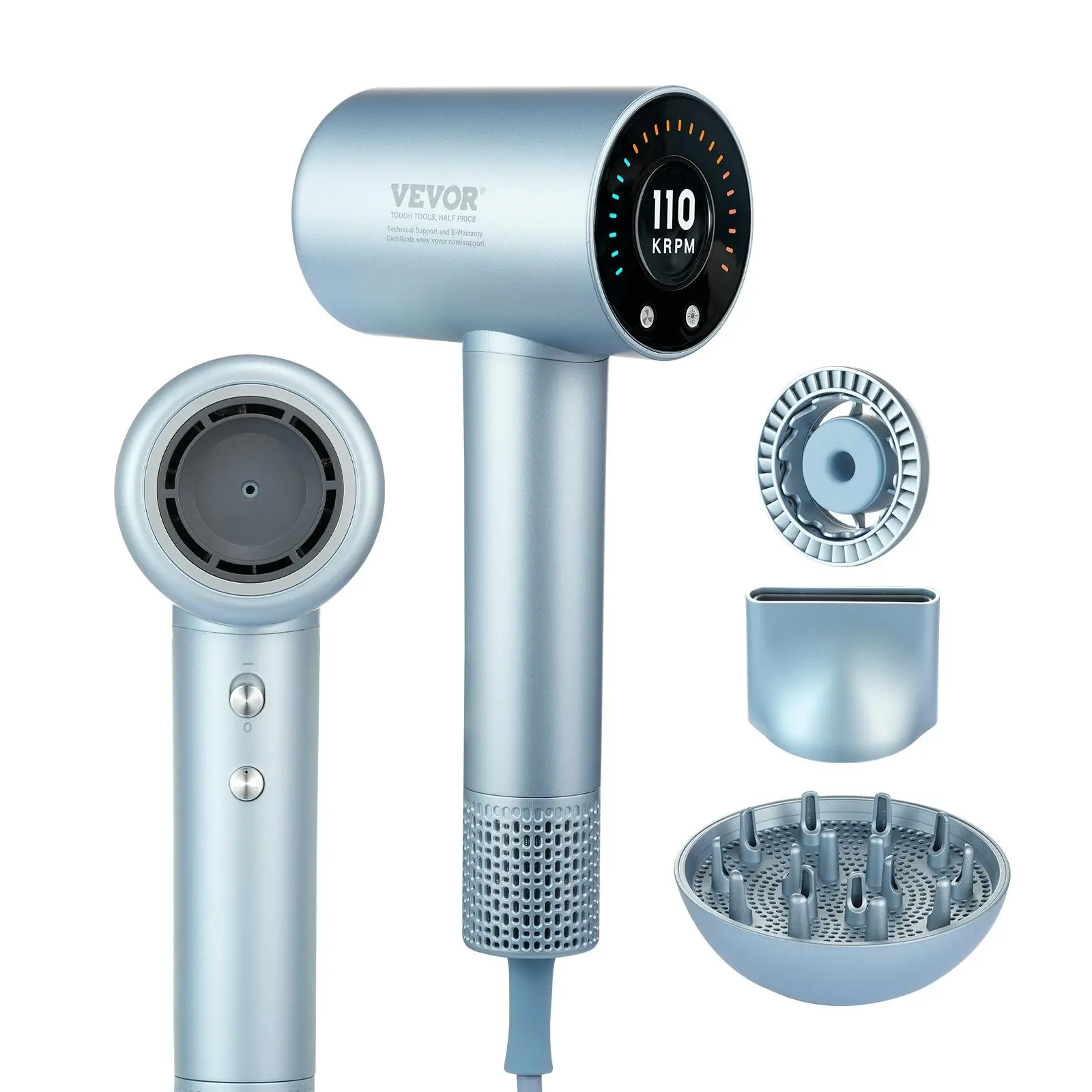 VEVOR High-Speed Hair Dryer with 105,000RPM Brushless Motor, 200 Million Negative Ions Hair Blow Dryer, 4 Temps & 3 Speeds, LCD Display Thermo-control Hairdryer with Diffuser & Nozzle for Smooth Hair