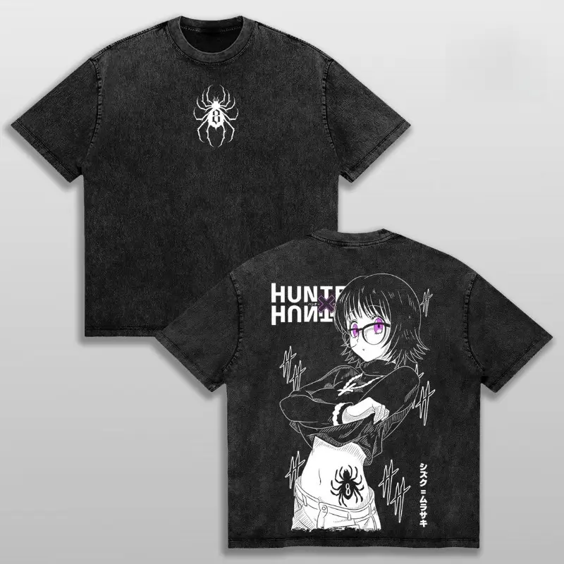 Hunter x Hunter Shizuku Murasaki Graphic Vintage Washed Tee Retro Anime Inspired Short Sleeve Crewneck Oversized Streetwear Shirt for Daily and Anime Events