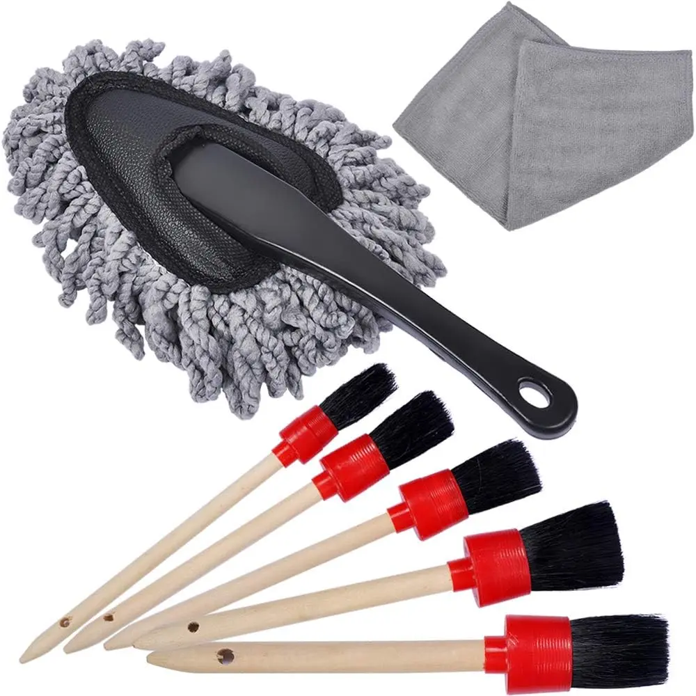 eFuncar Durable Premium Car Cleaning Kit - Car Detailing Products with Microfiber Wash Brush, 5 Different Sizes Multi-Size Boar Hair Detail Brushes, Dash Duster for Interior and Exterior Use