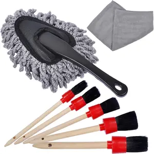 eFuncar Car Cleaning Kit Premium Microfiber Wash Brush 5 Boar Hair Detail Brushes Set with Dash Duster for Interior & Exterior Car Care