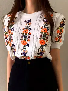Elegant Embroidered Floral Knit Sweater, Vintage Bubble Hem Design, Round Neck Short Sleeve Top, Summer Ice Silk T-Shirt