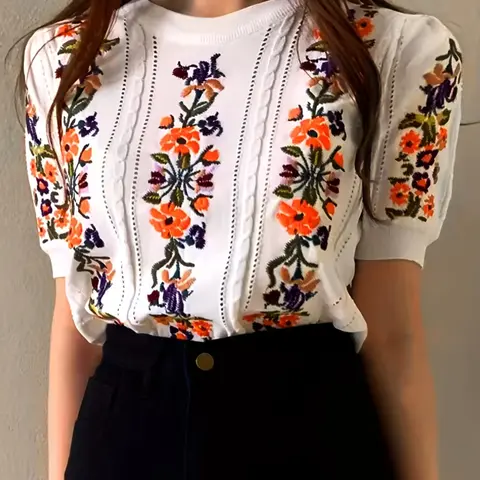 Elegant Embroidered Floral Knit Sweater, Vintage Bubble Hem Design Round Neck Short Sleeve Top, Summer Ice Silk T-Shirt, Knitwear