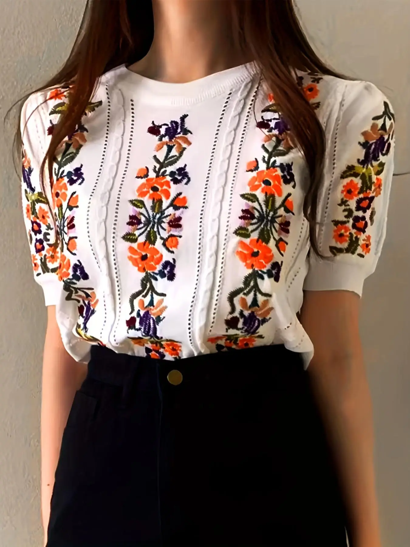 Women's Floral Embroidery Puff Sleeve Knit Top, Casual Hollow Out Short Sleeve Knitwear for Summer, Fashion Women's Knit Clothing for Daily Wear