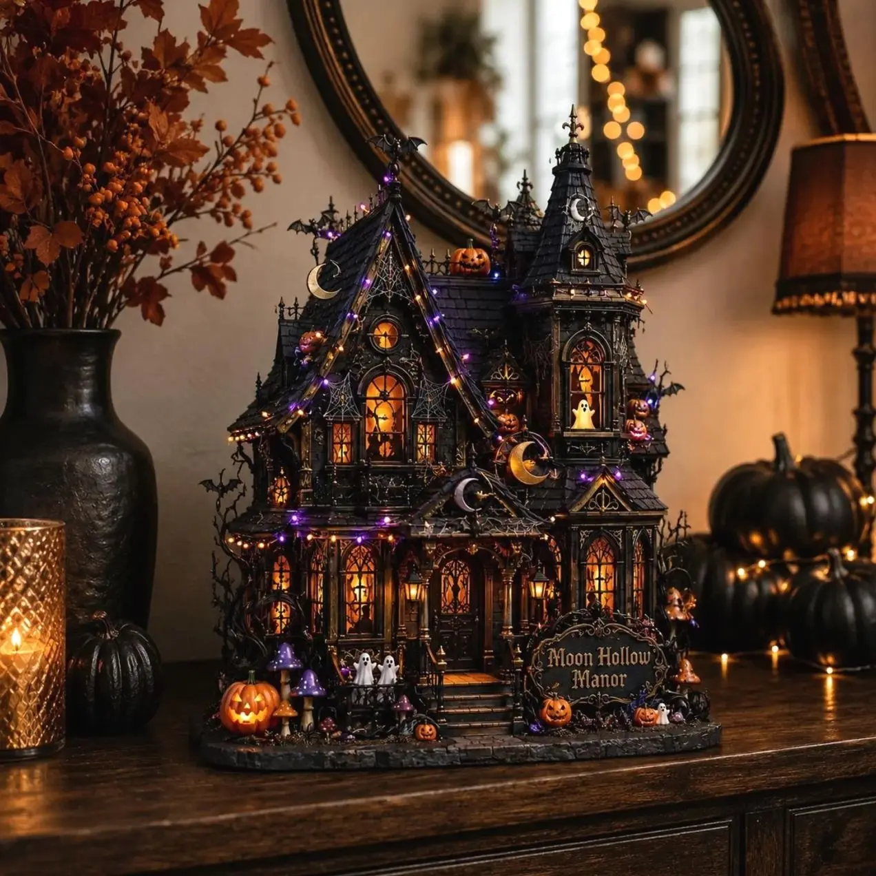 Custom Halloween Family Haunted Mansion Decor, Personalized Gothic House Sign, Spooky Pumpkin Ghost Cottage for Mantel Display