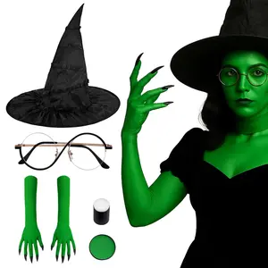 Halloween Witch Costume Set – 5PCS Elphaba Cosplay Kit with Witch Hat, Green Gloves, Glasses & Face Paint | Wicked Costume for Women, Teens, Kids, Halloween Party & Cosplay