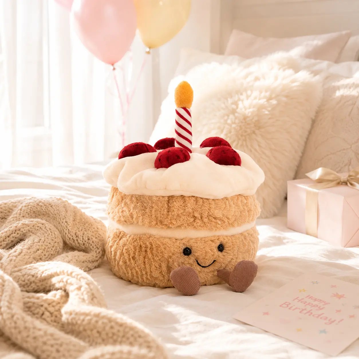 Jellycat Amuseables Birthday Cake Plush – Cute Celebration Cake Stuffed Toy with Candle & Cherries, Soft Birthday Gift for Kids, Friends & Jellycat Collectors