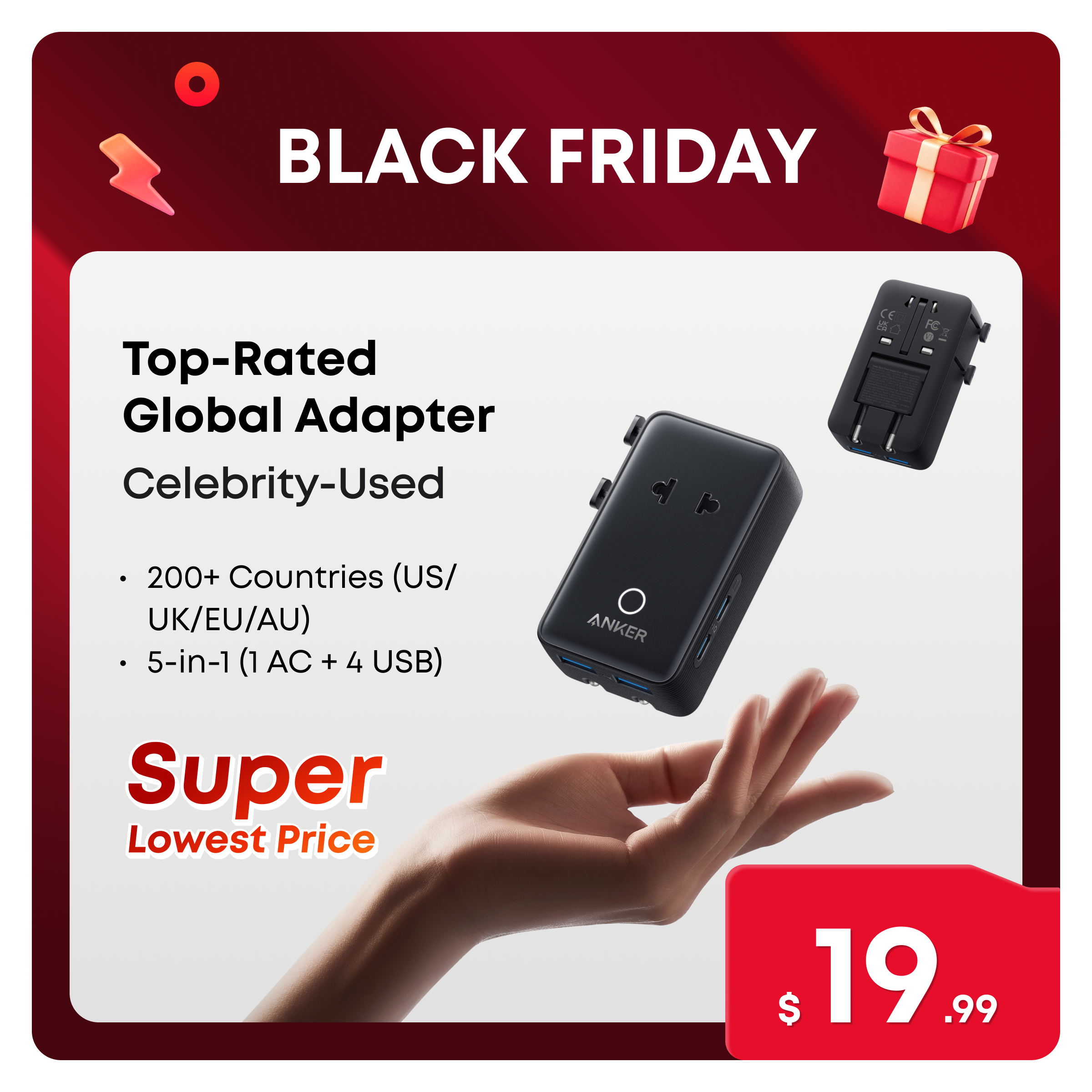 Anker Nano Adapter, 5-in-1 Ultra-Compact Global Charger with 2 USB-C, 2 USB-A, and 1 AC, Perfect for International Travel