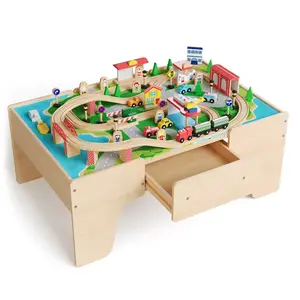 GARVEE 84-Piece Wooden Train Table with Wheels for Toddlers - Reversible Top, Built-in Storage Drawer, Multipurpose Activity Playset, Train Tracks, Truck, Natural Finish