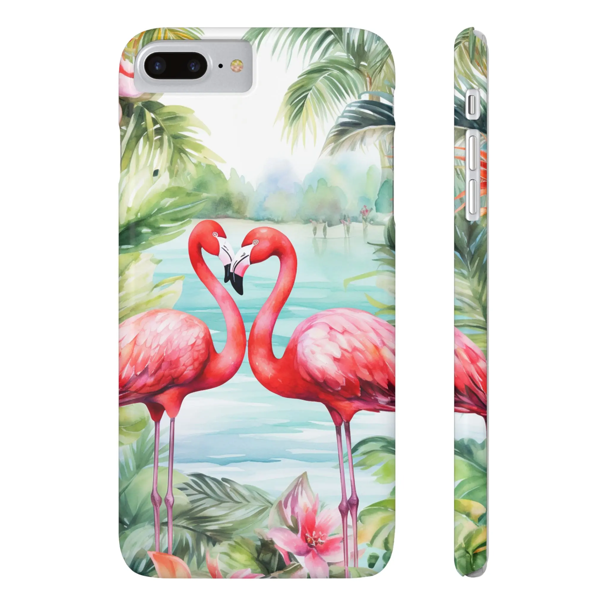 Flamingo Tropical iPhone Case, Beach Watercolor Design Cell Phone Cover for 16 15 14 13 12 11 X XR XS 8 7 Slim Mini Plus Pro Max, Flexible Lexan Polycarbonate Plastic, Glossy Premium Finish, Impact Resistant
