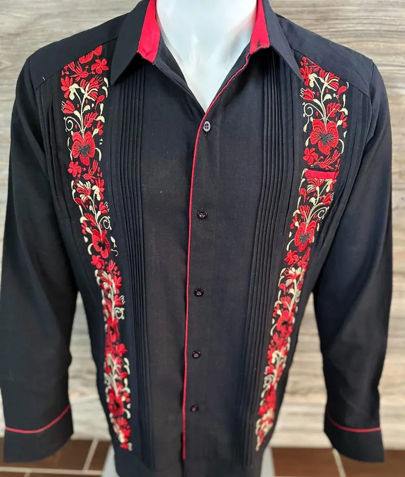 Mens Handcrafted Mexican Guayabera Wedding Shirt Long Sleeve Silver Embroidery
