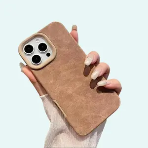 Faux Leather Protective Durable Phone Case for iPhone 11-16 Series - Full Coverage, High Lens Protection, Stylish Cream Color