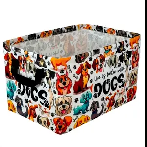 A Storage Basket Featuring a Dog Theme, This Collapsible Bin with Handles Is Made of Canvas And Is Perfect for Organizing Toys And Clothes in Your Closet. It Showcases an Adorable Duck Design And Cartoon Dog Patterns, Making It Suitable for Shelves. It Ca